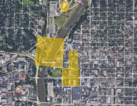 Aerial View of Iowa City with Highlighted Areas for the Sample Drone Flight Map 